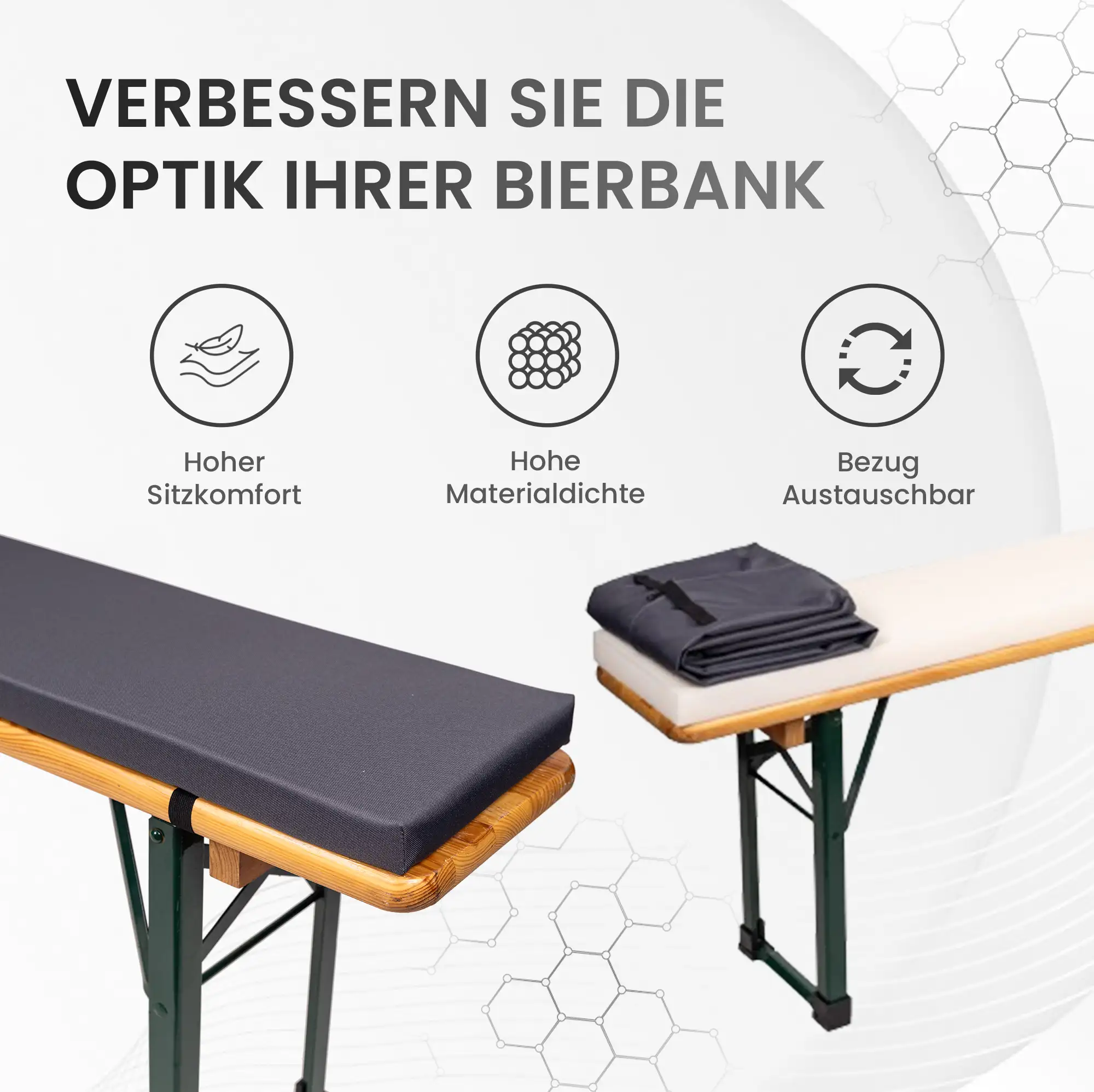 Bierbankauflage 220x25x2cm Premium für Bierzeltgarnitur mit Reißverschluss zum selberaufziehen